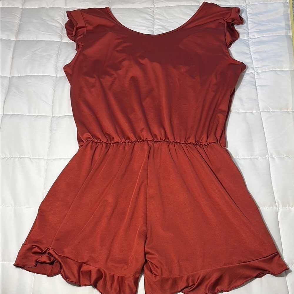 One-Piece Rust Orange Ruffle Swimsuit Romper size L - Picture 10 of 12